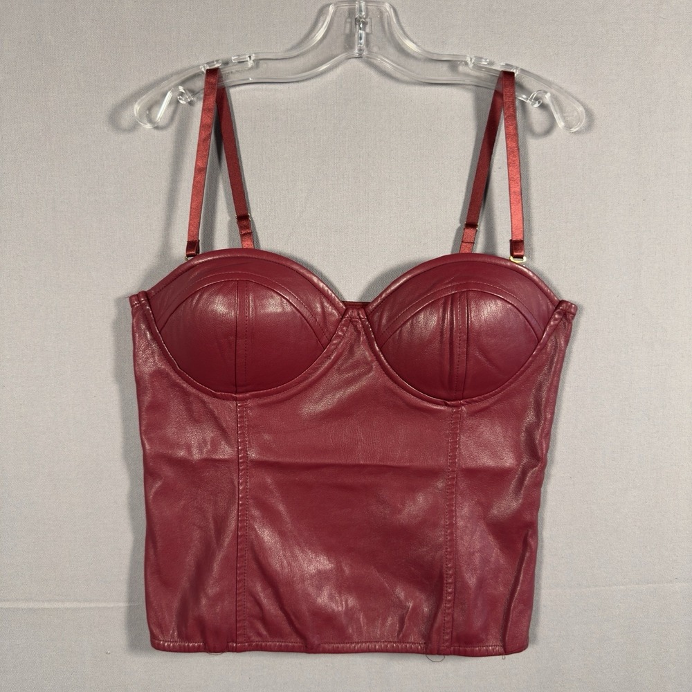 JLUXLABEL Women's M Burgundy Faux Leather Bustier Corset Top Strappy